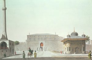 Constantinopel: Haghia Sophia Plein met de Fontein en de Keizerlijke Poort van het Oude Serail (Topkapi Paleis)